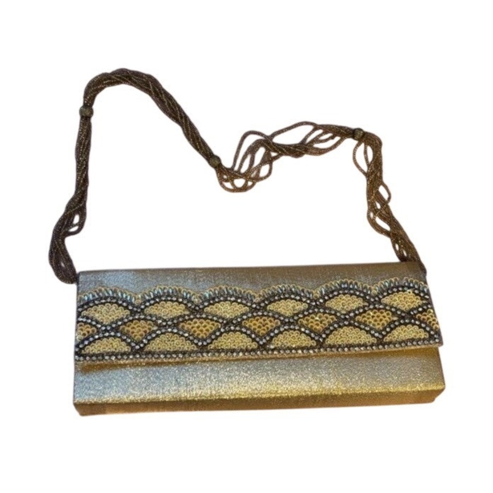 Mochi Gold Metallic Beaded Clutch Bag, Geometric, Chain Strap, Multicolor Lining